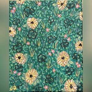 Green Floral canvas Painting with Yellow Blossoms and clovers